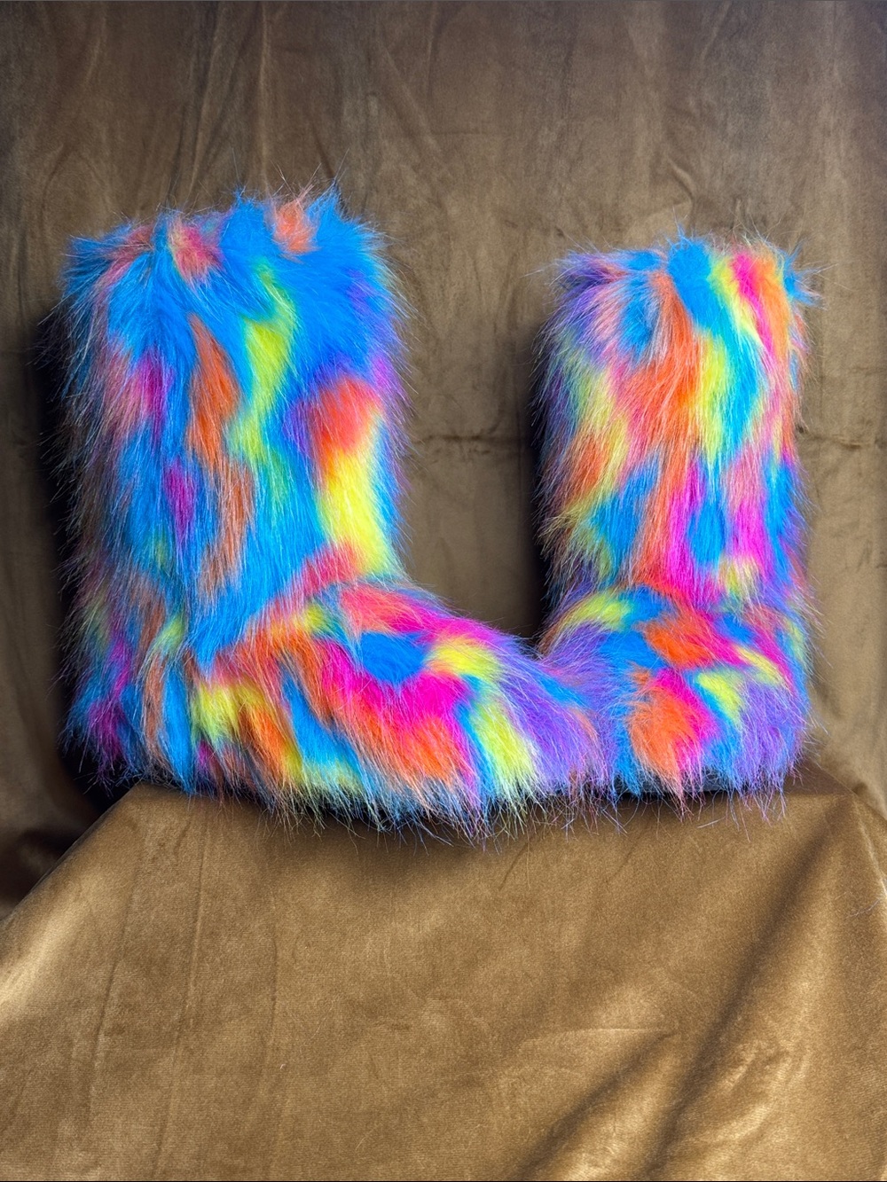 Rainbow Faux Fur Boots - Multicolor Size 39/8.5 Rave Festival Cyberpunk